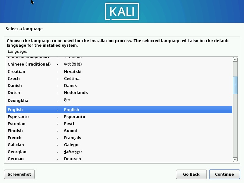Kali Linux Install language