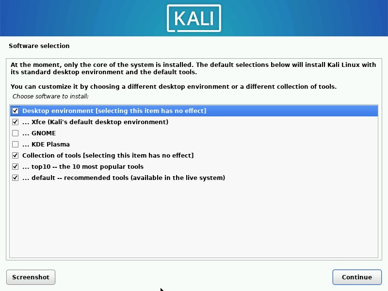 Kali Linux Software Selection