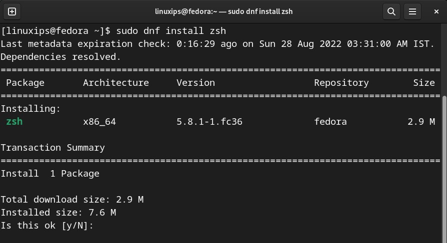 Install zsh on Fedora 36