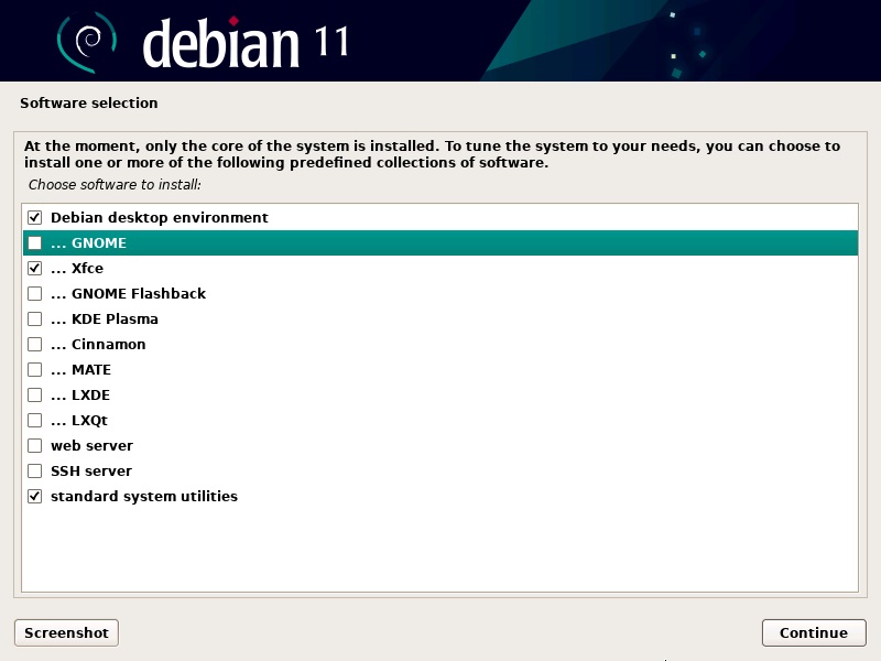 Select the DE for Debian 11